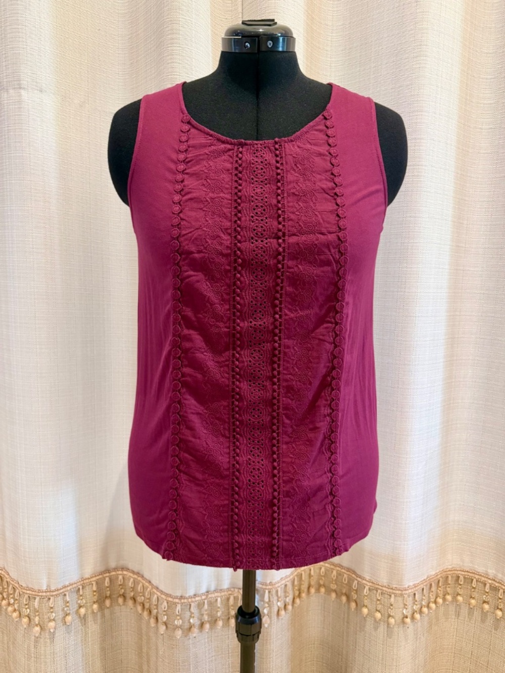 NWT Skies Are Blue Airika Woven Lace Front Knit Top Burgundy Sleeveless Tank M